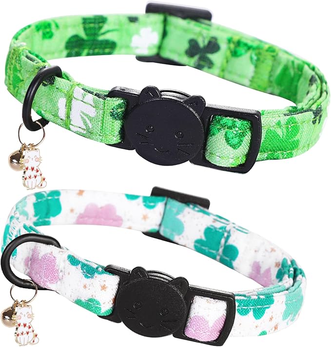 St Patrick's Day Cat Collar-2 Pack Cat Collars Trefoil Cat Collar Breakaway with Kitten and Bell Pendant Safety Buckle Cute Cotton Collar for Boy Girl Cats Gift for Cats and Small Pets