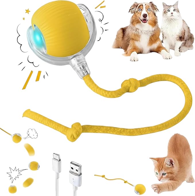 Interactive Electric Automatic Rolling Moving Rechargeable Self Play Stimulation Toy,Smart Pet Chase with Speedy Tail Rope for Bored Indoor Cats (Yellow)
