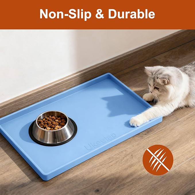 Extra Thick Silicone Mat Waterproof with Raised Edge 19” x 12”, BPA Free Non-Slip Dog & Cat Food Mat, Feeding Mat for Food and Water Bowls, Spill Proof Mat to Protect Floors, Blue