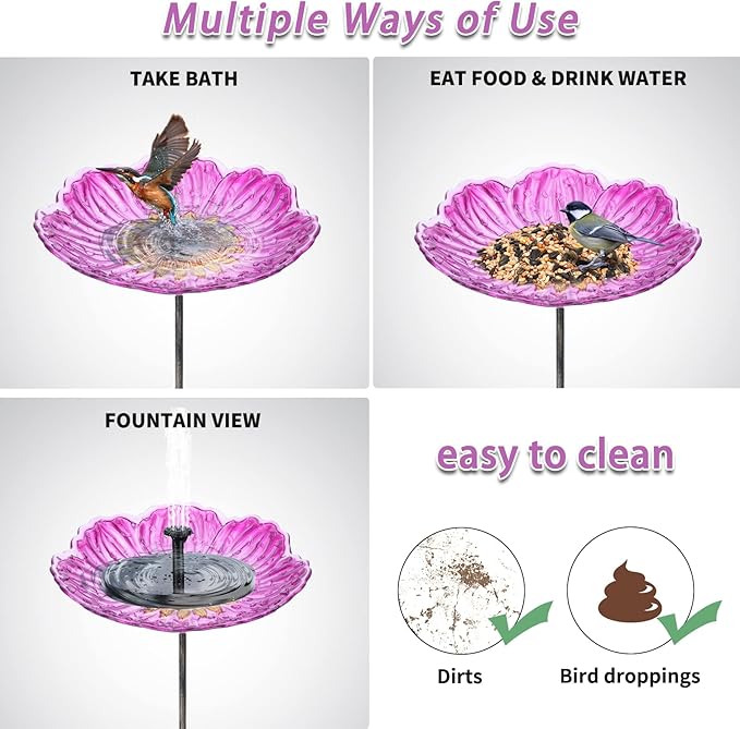 MUMTOP Glass Bird Baths for Outdoors, 12 Inch Bird Bath Bowl with Metal Stake Sunflower Bird Feeders for Garden and Patio Decor