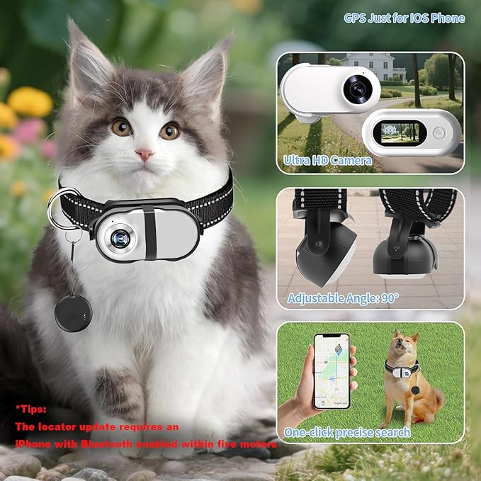 Pet Camera Collar with Air Tracker Tag, 1080P HD Wireless Dog Neck Cam Compact Action Camera for iOS,32GB Storage, Fully Charged Before Use, No WiFi Needed（GPS Just for iOS）