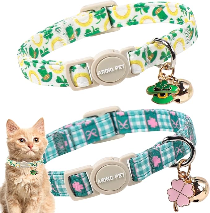 ARING PET 2 Pack St Patrick's Day Cat Collar, Breakaway Kitten Small Cute Green Lucky Clover Shamrock Collars with Bells for Girl Boy Cats