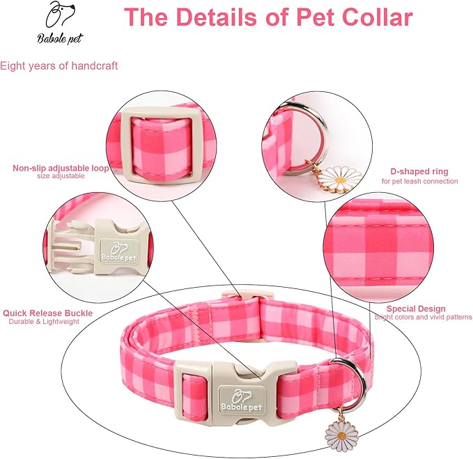 Girl Dog Collar for Small Dogs - Cute Pink Plaid Puppy Collar, Soft Adjustable Spring Summer Female Dog Collars with Quick Release Buckle S