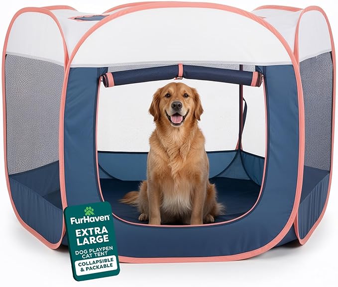FurHaven Portable Pet Playpen for Dogs & Cats, Extra Large Indoor Kitten Playpen with Mesh Sides, Foldable Dog Playpen for Large Dogs, Pop Up Travel Dog Pen, X-Large, Pet Crate with Mesh Sides, Navy