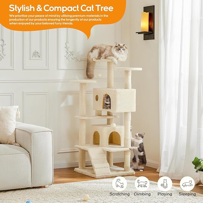 54 Inches Cat Tower Condo Furniture, Cat Tree Tower for Indoor Cats, Cozy Hammock and Sisal Scratching Posts, Multi-Level Durable Cat Scratch Post for Kittens Pet House Play, Detachable, Beige