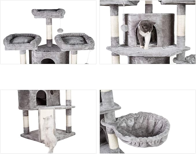 Hey-brother XL Size Cat Tree, 73.4 inch Cat Tower with 3 Caves, 3 Cozy Perches, Scratching Posts, Board, Activity Center Stable for Kitten/Gig Cat, Light Gray MPJ032W