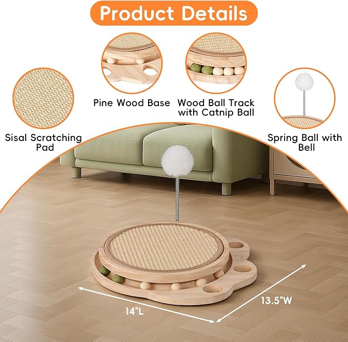Cat Scratcher Board, 3-in-1 Cat Scratcher & Activity Center with Sisal Scratching Pad, Ball Track & Spring Toy, Interactive Cat Furniture for Indoor Cats