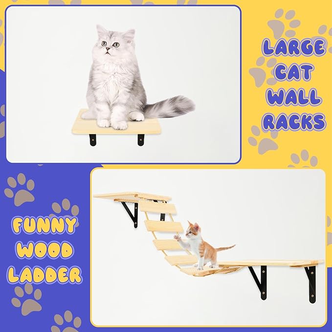 Cat Wall Shelves - Stable & Safe 5 in 1 Cat Walls Furniture Set, Wooden Kitten Climbing Wall with Bridge Ladder & Wall Steps