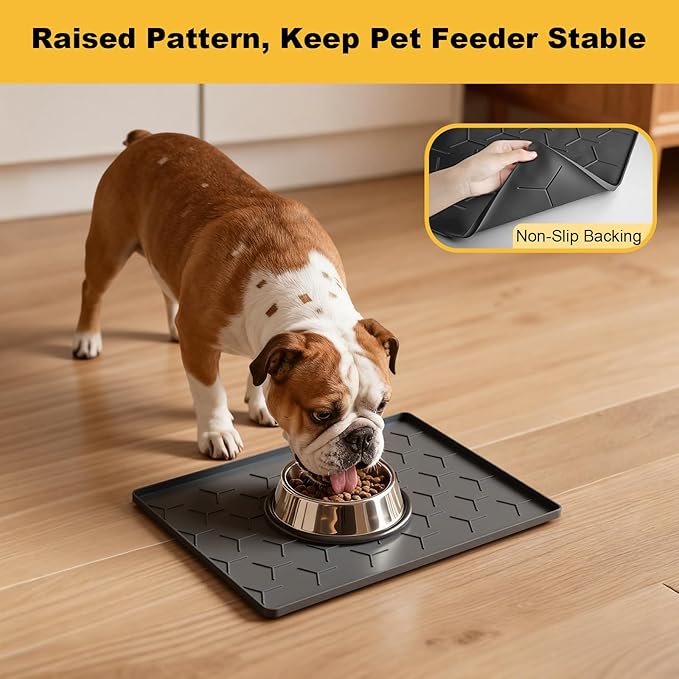 Pieviev 16''x12'' Dog Cat Food Bowl Mat, Silicone Waterproof Food Grade Pet Food Mat for Floor, High Raised Edge to Prevent Spills, Non-Slip & Easy Clean Pet Placemat for Dog & Cat Bowls, Dark Gray