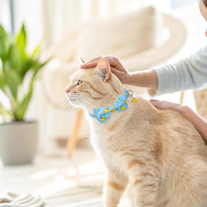 SCENEREAL Cat Collar with Bells, 2 Pack Breakaway Cat Collars with Removable Bowtie Bandana, Adjustable Cute Kitten Collar for Pet Small Dogs Boys Girls, Blue Duck