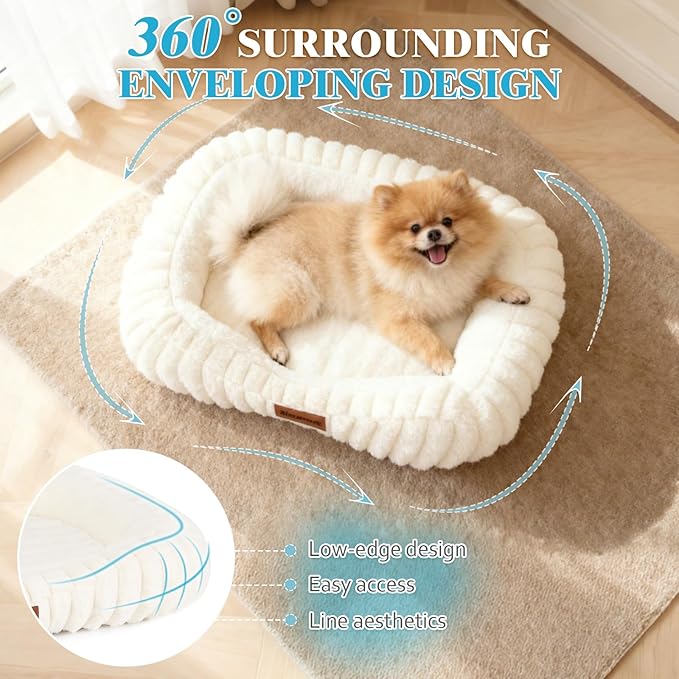 Orthopedic Dog Bed for Small Medium Dogs & Cats - Soft Furry Puppy Bed with Removable Washable Cover & Anti-Slip Bottom, Calming Rectangle Cat & Puppy Bed for Indoor Pets, 25x21x4inches, Cream