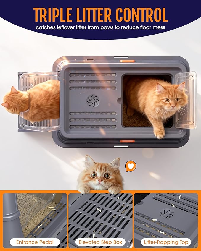 Cat Litter Box - Stainless Steel Litter Box with Lid for Kitty, Metal Base Enclosed Cat Box with Litter Scoop, Elevated Step Box, Activated-Carbon Pack, 17.1" x 13.2" x 15", Grey