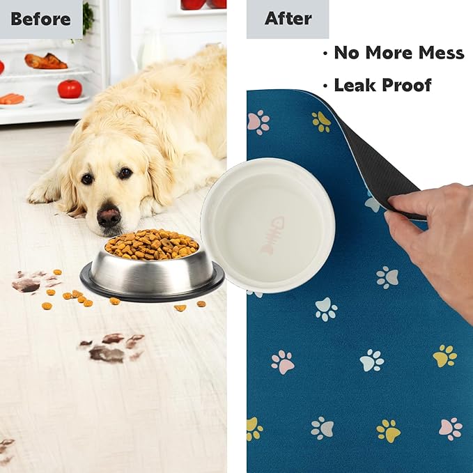 Cat Food Mat Absorbent Dog Mat for Food and Water Non Slip Quick Dry Dog Bowl Mats for Floors 19" X 12" Paw Lake Blue