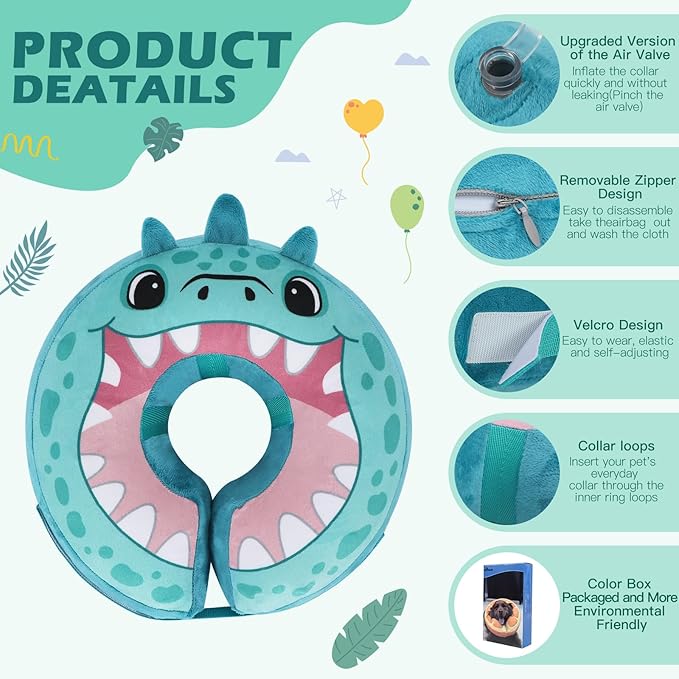 IEUUMLER Inflatable Recovery Dog Collar, Protective Donut Cone, Adjustable Soft Collar for Dog and Cat After Surgery Prevent from Biting & Scratching EU002 - Teal Dinosaur M+