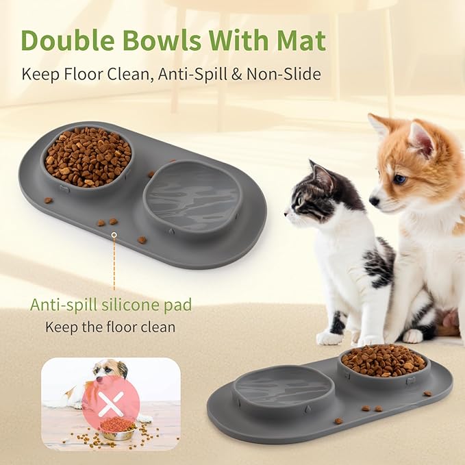 Small Size Puppy Dog Bowls: Food and Water Bowls Set for Small Dogs, No-Spill Non-Skid Dog Dish, Grey