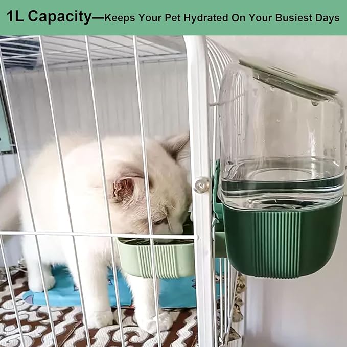 35oz Rabbit Water Bottle, Pet Hanging Automatic Water Dispenser for Small Animal Ferret Guinea Pig Chinchilla Dog Cat (Cage Grid Spacing 1.1''-2.1'') (Green)