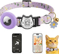 Smart Breakaway Cat Collar with QR Code Pet ID, Built-in AirTag Holder, Adjustable Cotton Cat Collar with Bell for Kittens and Adult Cats ，Pastoral Style with airtag Holder(Purple)