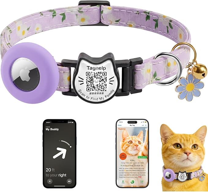 Smart Breakaway Cat Collar with QR Code Pet ID, Built-in AirTag Holder, Adjustable Cotton Cat Collar with Bell for Kittens and Adult Cats ，Pastoral Style with airtag Holder(Purple)