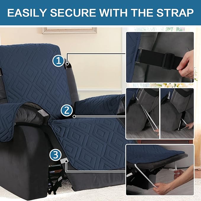 H.VERSAILTEX Reversible Quilted Recliner Covers Water Resistant Furniture Protector for Reclienr Chair with Elastic Straps for Pets Kids Sitting Width Up to 22"(Recliner, Navy/Beige)