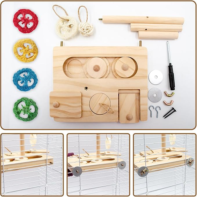 Interactive Wooden Bird Foraging Toy – Cage-Mounted Puzzle Feeder with Sliding Locks, Loofah & Vine Ball for Budgies, Cockatiels, Conures & Small Parrots