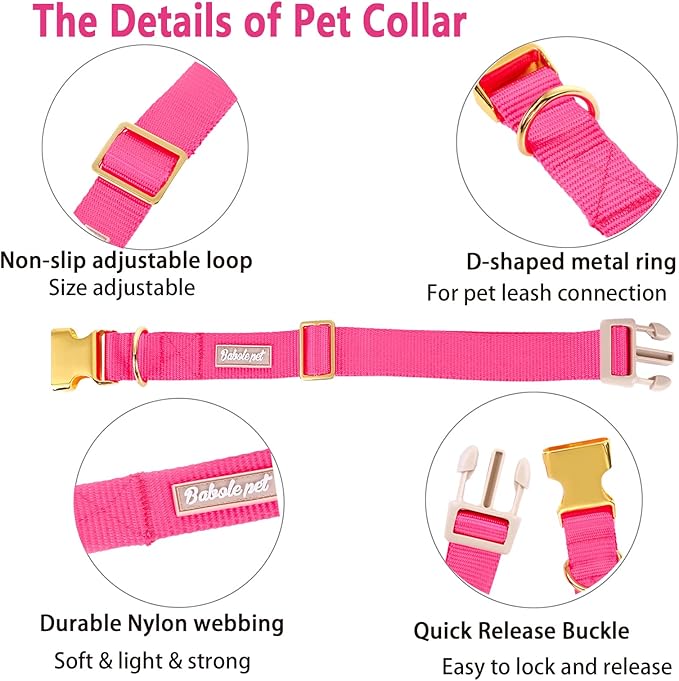 Nylon Dog Collar - Adjustable Rose Red Soft Webbing Dog Collars for Small Medium Large Dogs Boy Girl Puppy Collar with Safety Metal Buckle L