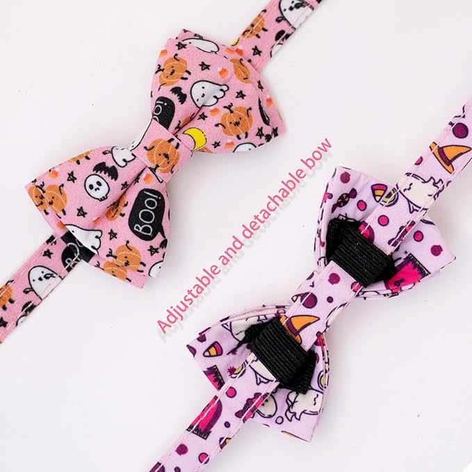 Faygarsle 2 Pack Breakaway Cat Collar Collection - Ghosts Pattern Cat Collar with Bell - Seasonal Holiday Bowtie - Fall - Pink, Purple