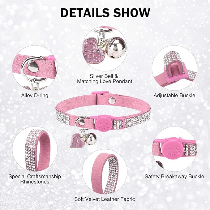 Rhinestone Cat Collar Breakaway with Bell, Diamond Cat Collar with Safety Buckle Quick Release for Girl Boy Kitten Pets Puppy,Cute Soft Female Male Cat Collars,Valentine's Day Pink 8-12"