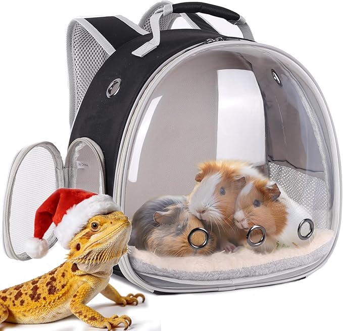 Portable Travel pet Backpack Carrier with Self Warming Pet Bed Set, Guinea Pig Carrier for 2,Reptile Travel Carrier for Lizards Sugar Glider Hedgehog Rat Parrot Birds Breathable Hangbag