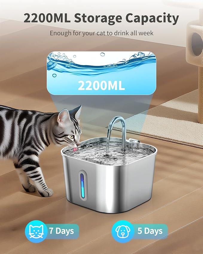 Cat Water Fountain Stainless Steel, 74oz/2.2L Automatic Cat Drinking Fountain with 4 Filters & 4 Sponges, Pet Water Dispenser with Quiet Pump, Suitable for Cats, Dogs and Multi-pet households