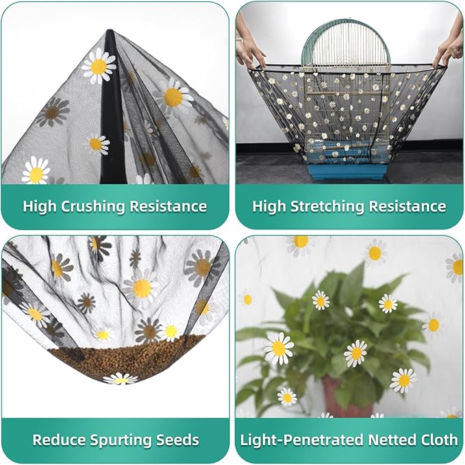Bird Cage Seed Catcher, Seed Catcher Guard Net Cover, Parrot Nylon Mesh Net Cover, Universal Soft Airy Cage Net Stretchy Skirt for Round Square Cages (Daisy-Black, 15.7" x87")