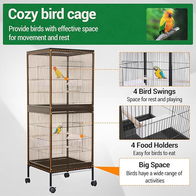 GarveeHome Small Bird Cage with Wheels, Parakeet Cage, Bird Carrier for Parakeets, Canaries, Lovebirds, Small Quaker, Cockatiels, Budgie, Green Cheek (55in)