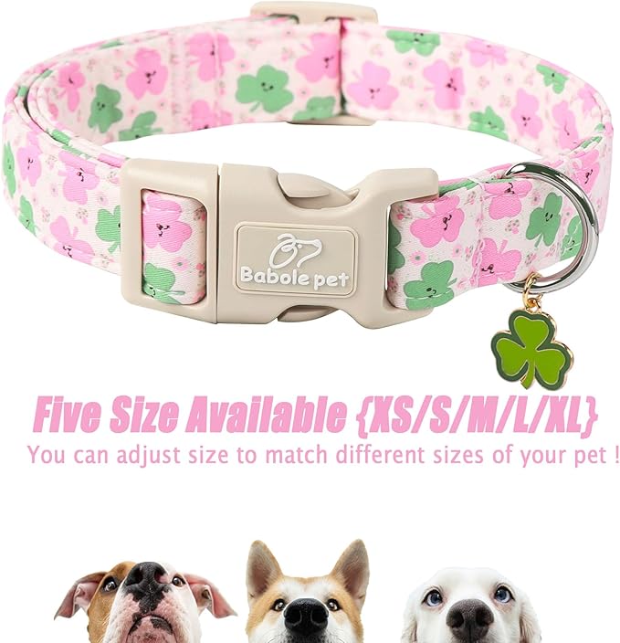 St Patricks Day Dog Collar for Large Dogs - Cute Light Pink Shamrock Girl Dog Collars, Adjustable Irish Clover Puppy Collar with Quick Release Buckle L