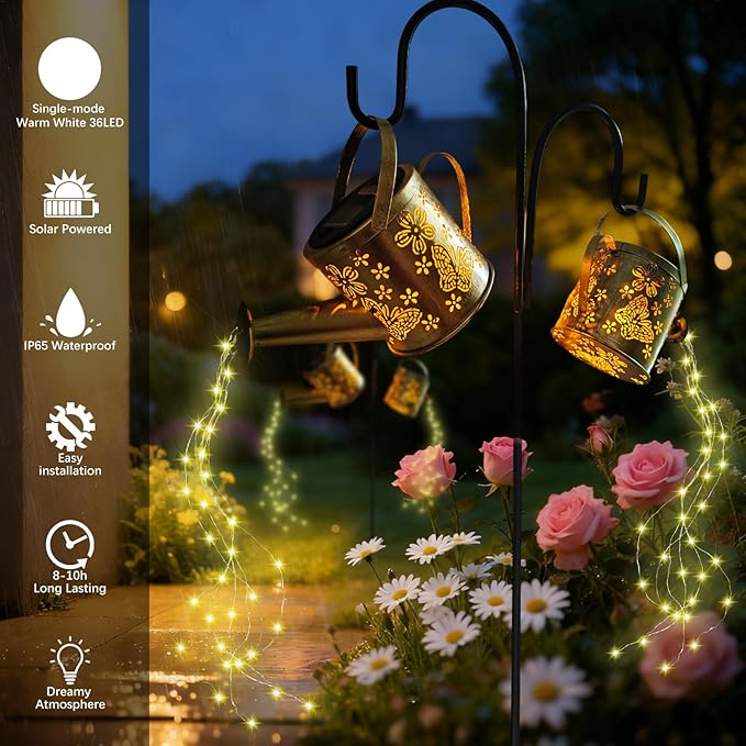DDQ Solar Watering Can Lights, Warm White/Color LED with Shepherd Hook, IP65 Waterproof Metal Garden Decor, Auto On/Off for Patio Backyard for Mom Family Holidays Gift