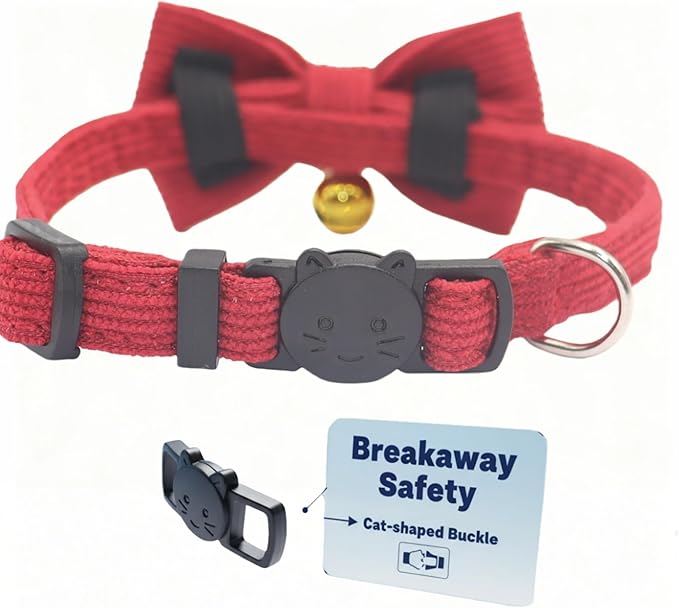 THAIN Cat Collar with Bow Tie and Bell, Breakaway Adjustable Cute Soft Corduroy Kitten Collars Safety Buckle for Girl Cats(Solid Red)