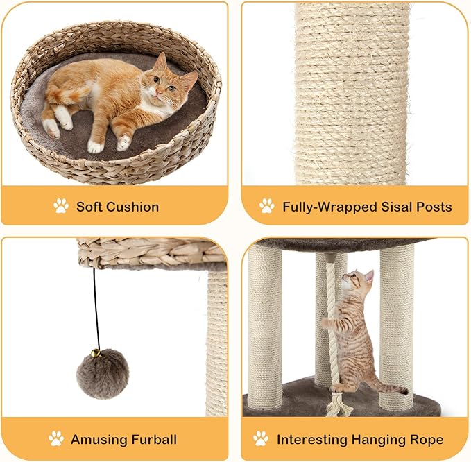 PETSITE 41 Inch Modern Cat Tree for Indoor Cats, Multi-Level Cat Tower with Scratching Posts, Hand-Made Wicker Cat Condo & Top Perch, Dangling Ball, Sisal Rope, Cute Cat Tree for Indoor Cats