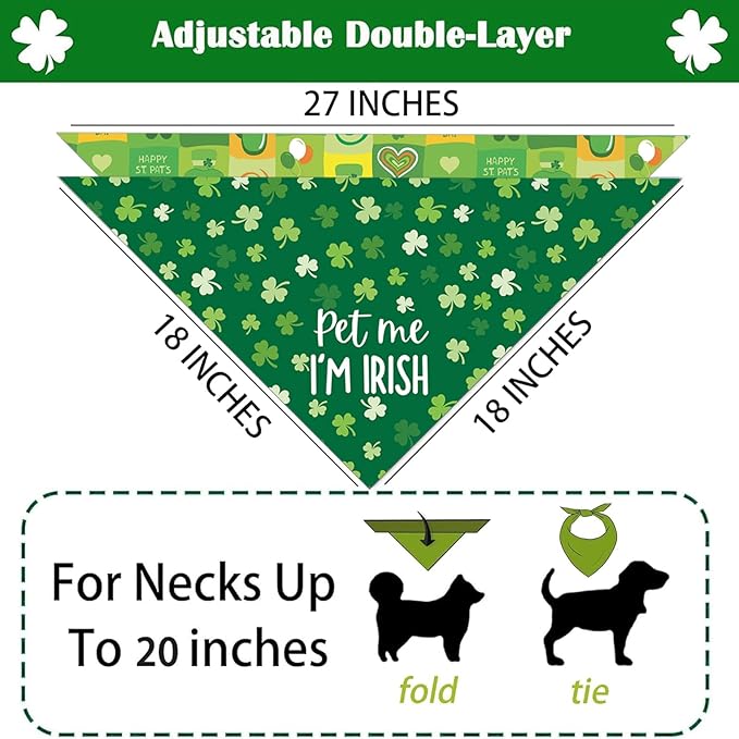 St Patricks Day Dog Bandanas - Lucky Shamrock Puppy Scarf - 2 Pcs Adjustable Triangle Double Layer Reversible Pet Bandanas for Small Medium Large Dogs