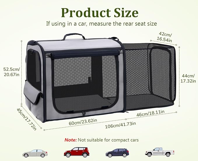 Pecute Dog Car Carrier Stable and Light Weight, Expandable Extra Space Dog Carrier for Cars, Breathable Dog Car Crate, Foldable Pet Carrier for Both Indoor and Outdoor Use, Pet Travel Crate Gray
