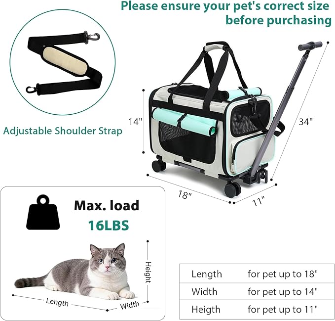 Expandable Pet Carrier with Wheels for Small Dogs and Cats,Airline Approved Rolling Cat Carrier with Removable Platform,18”X11”X14”,Foldable Soft-Sided Travel Bag Fits Under Seat,Up to 16 lbs(Blue)