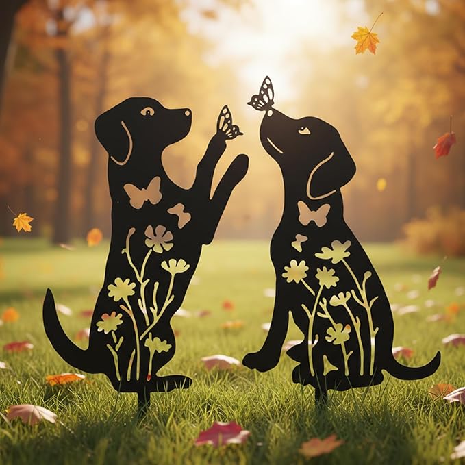 Metal Dog Garden Decor for Outside 2 Pack, 17" Puppy Decorative Garden Stakes, Black Dog Silhouette Outdoor Decor, Pet Yard Art, Weather Resistant Steel Yard Decor