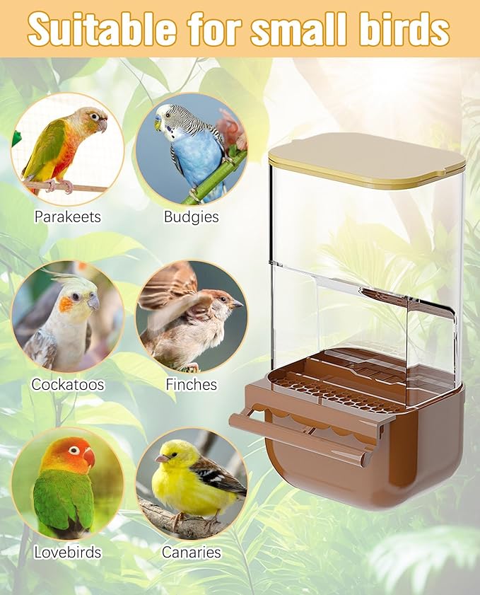 BNOSDM No Mess Bird Automatic Feeder Bird Cage Feeders Parrot Cage Accessories Transparent Seed Food Container with Perch for Finches, Parakeets, Budgies, Lovebirds, Cockatoos, Canaries (Brown)