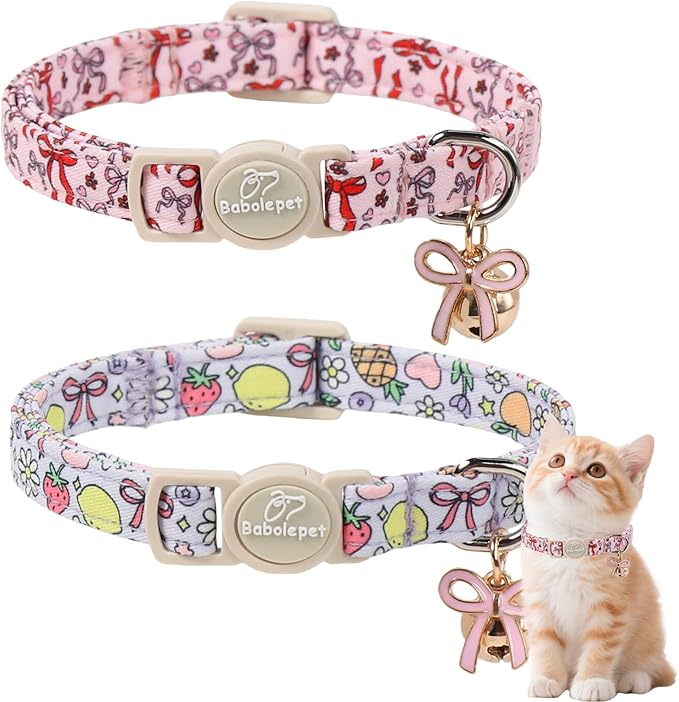 2 Pack Sweet Girly Cat Collars - Elegent Bow Breakaway Cat Collar with Bell & Matching Pendant, Adjustable Spring Summer Pink Purple Kitten Collars for Girl Cats