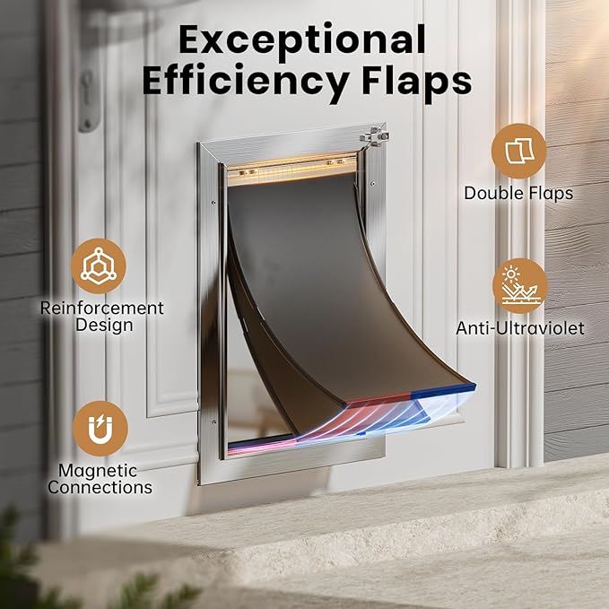 All Aluminum Dog Door, Rust Proof Heavy Duty Large Dog Door for Exterior Doors, Doggy Door with 2 Magnetic Flaps, Energy Efficient, Closing Panel, Pet Door for Pets Up to 110Lb