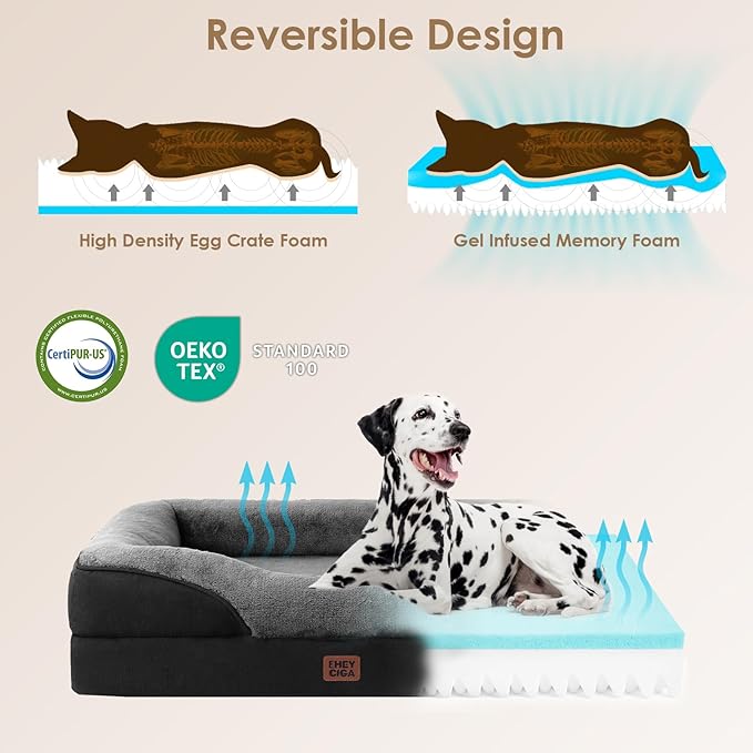 EHEYCIGA Orthopedic XL Dog Bed for Large Sized Dog, 48x35x7.5 Inch Extra Large Memory Foam Dog Couch Bed with Sides, Waterproof Liner & Washable Removable Cover, Bolster Pet Sofa, Grey/Black