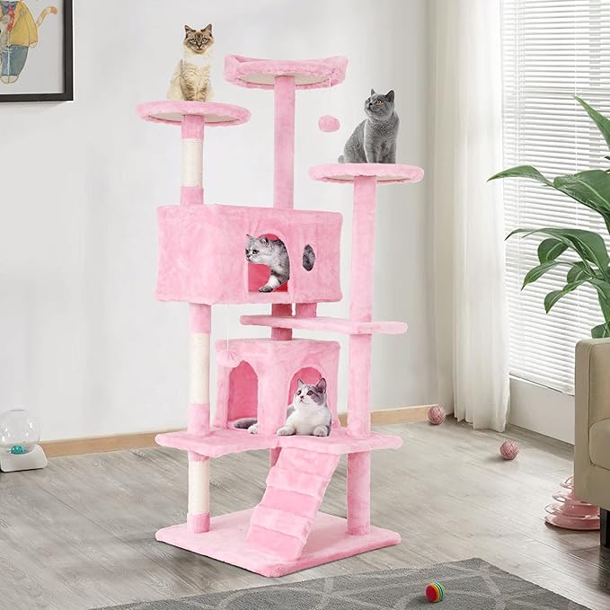 Heavy Duty Cat Tree Tower, 54" Tall Cat Tower for Indoor Cats with Cat Scratching Post with Bed, Cat Condo, Hanging Ball, Multi-Level Cat Climbing Tower Cat Trees Furniture Activity Center, Pink