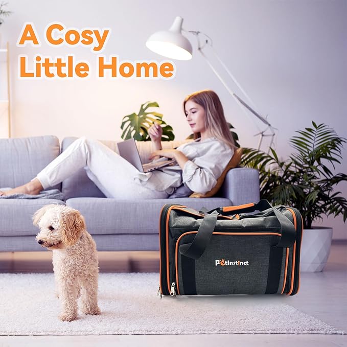 TSA Airline Approved Expandable Pet Carrier, 17"x11"x11" 5-Side Entry Soft-Sided Collapsible Cat Dog Carrier (up to 15 lbs), with Alloy Frame & Removable Wool Mat for Travel