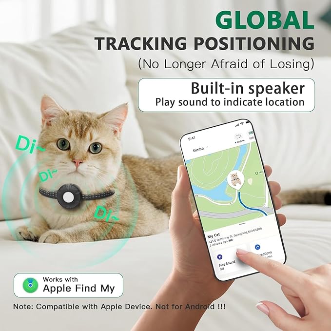 Cat Tracker Collar,No Monthly Fee Tracking Pet Collar with Finder Tag,Compatible with Apple Find My(iOS Only),Breakaway Tractive Design with Reflective Pattern & Bell
