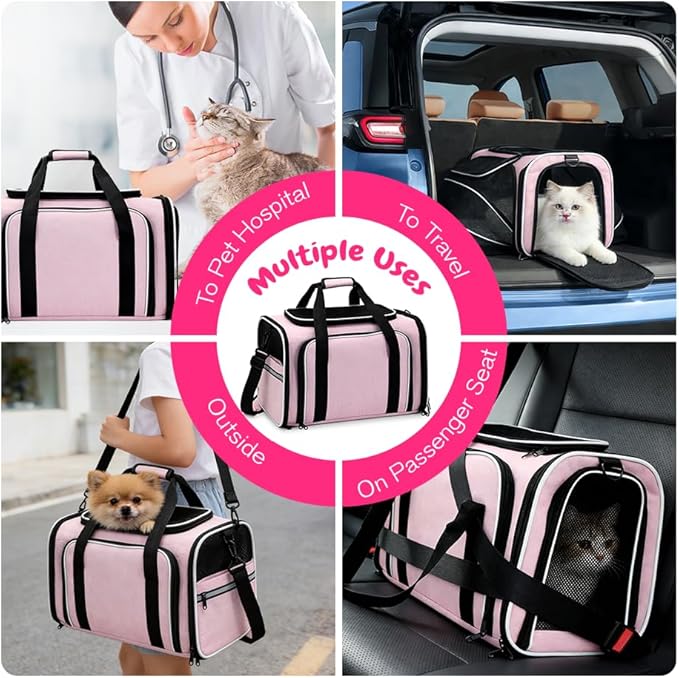 Double Expandable Cat Carrier,Airline Approved Soft-Sided Pet Travel Carrier for Small Dogs Cats under 15 lbs,Waterproof 600D Oxford Fabric with Washable Replacement Liner,Odor-Free & Claw-Proof(Pink)
