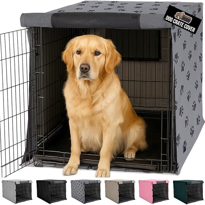 GORILLA GRIP Dog Crate Covers compatible with Amazon Basics Dog Crates, All Sides Open, Privacy Cover Fits 42" Wire Kennel, Breathable Mesh Windows, Light Reducing Puppy Training Cage Topper, Gray Paw