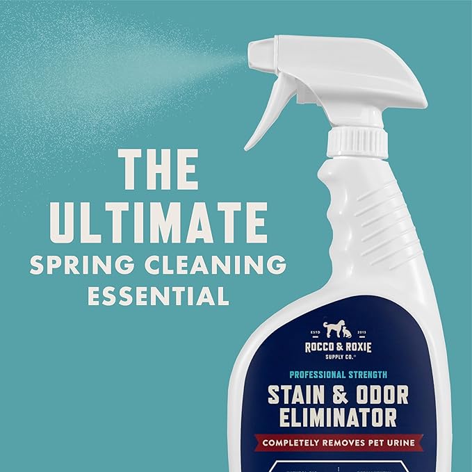 Rocco & Roxie Supply Co. Stain & Strong Odor Eliminator, Enzyme Cleaner, Pet Odor Eliminator for Home - Carpet Stain Remover for Cats & Dog Pee - Urine Destroyer - Carpet Cleaner Spray Clear, 32 Fl Oz
