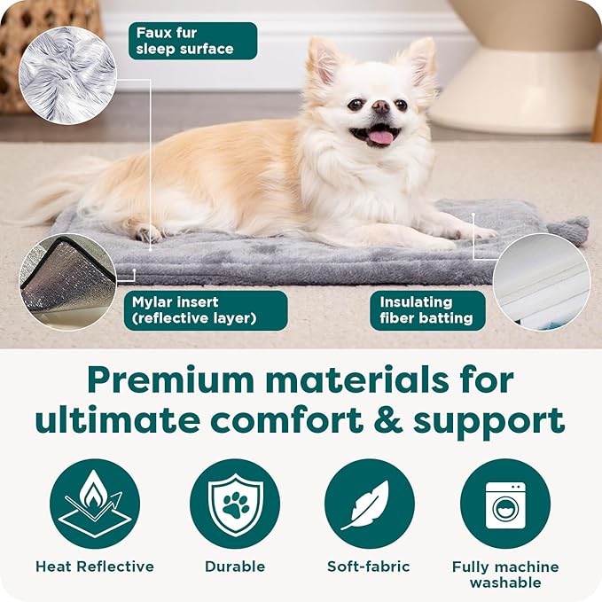 Furhaven ThermaNAP Self-Warming Cat Bed for Indoor Cats & Large/Medium Dogs, Washable & Reflects Body Heat - Quilted Faux Fur Reflective Bed Mat - Snow Leopard, Large